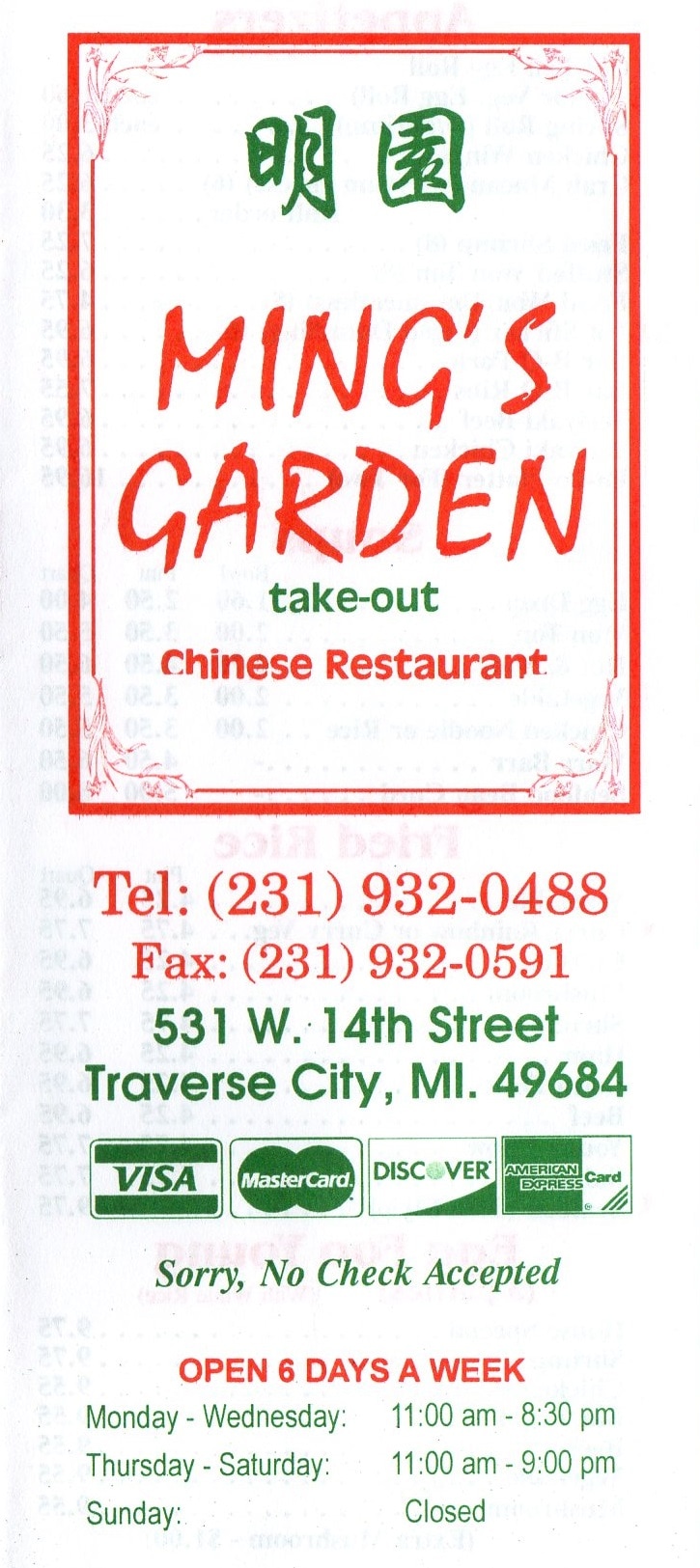 Menu Ming S Garden Chinese Restaurant